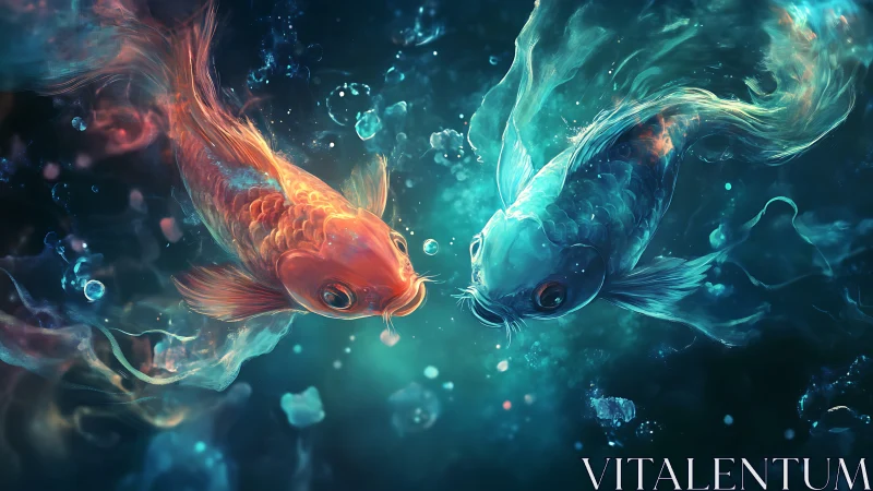 Dual koi glow in luminous underwater cosmic currents.