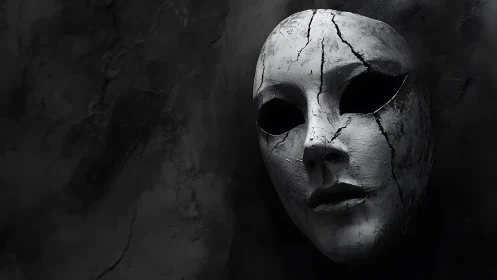 Cracked white theatrical mask in stark chiaroscuro lighting.