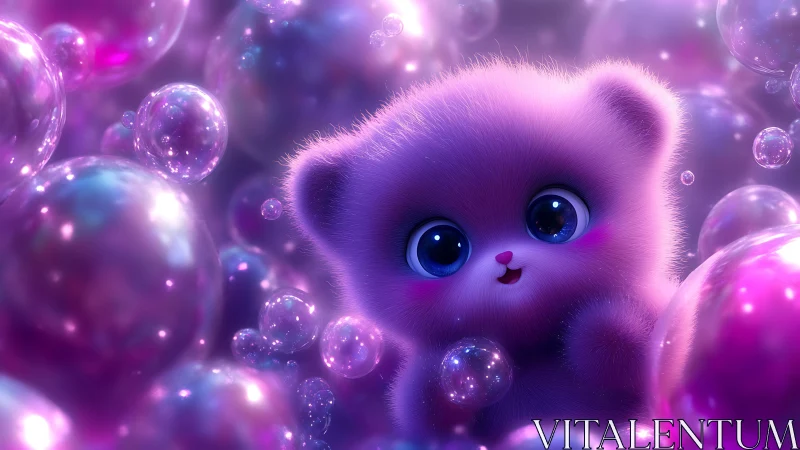Purple fluffy toy creature sits among glowing bubbles