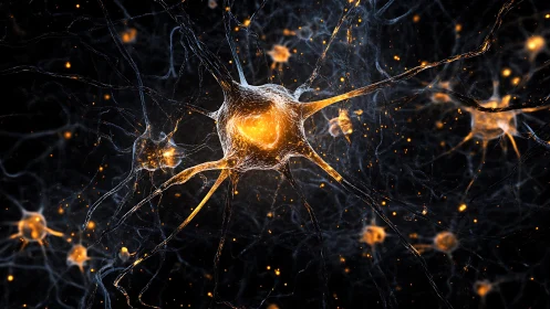 Neural network synapse cluster with glowing bioelectric core.