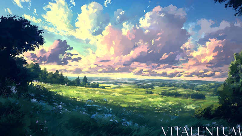 Expansive summer meadow rendered in luminous painterly light
