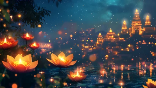 Floating lotus lanterns glow before distant golden temples.