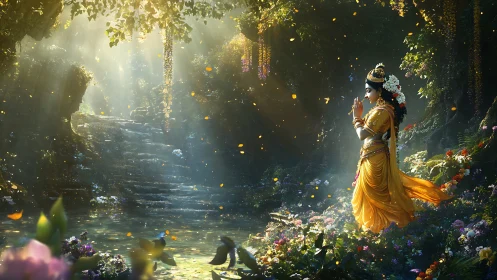 Figure in yellow garment stands in illuminated forest clearing