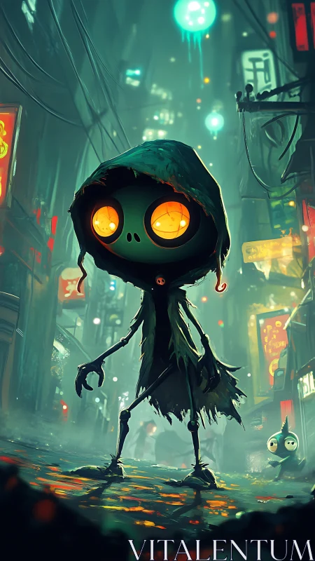 Cyberpunk alley creature with glowing eyes and neon haze.