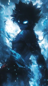 Electrified anime warrior emerges through turbulent blue energy