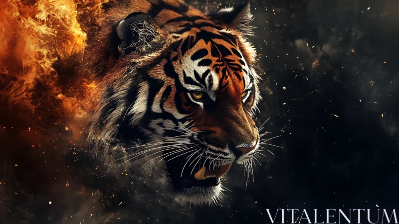 Hyperreal tiger portrait emerging through dynamic fire and smoke