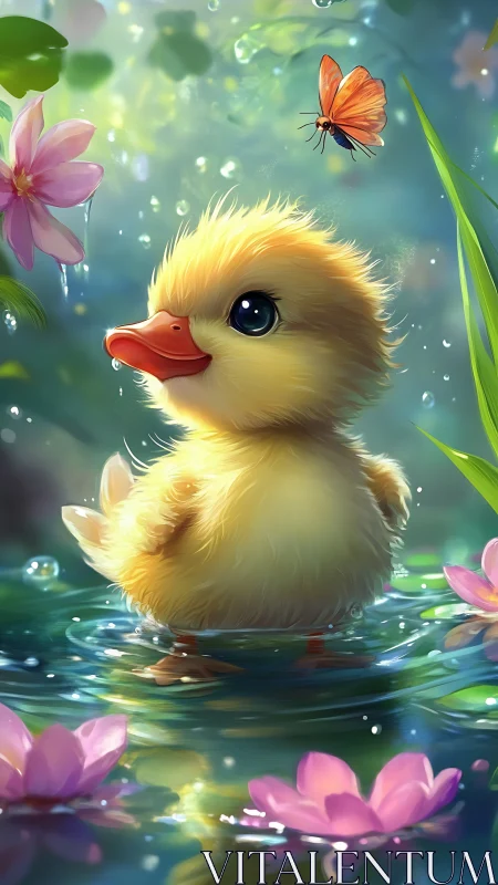 Fluffy duckling stands in sunlit pond with pink water lilies