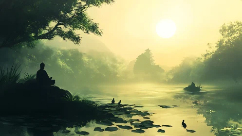Meditating figure rests by tranquil misty river at sunrise.