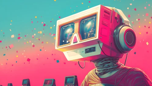 Retro robot with TV helmet celebrates in neon confetti sky.