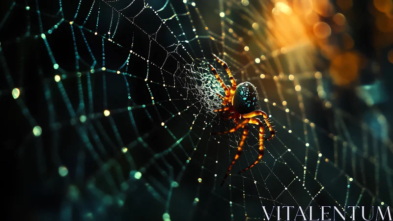 Iridescent spider rests on dew covered web in low light