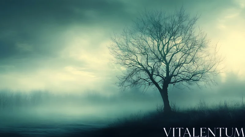 Mist wrapped tree at dawn holding quiet winter light.