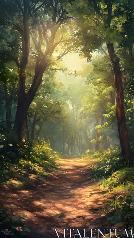 Sunlit Forest Path Invites Peaceful Wandering Through Nature