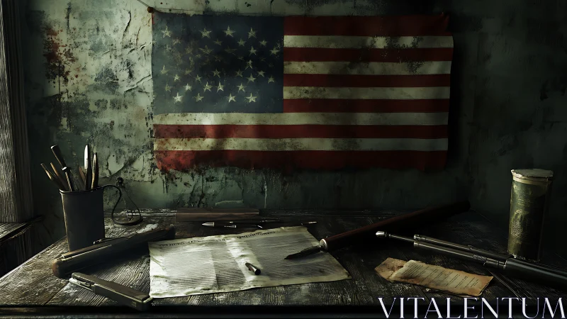 Weathered workspace under corroded American flag tableau.