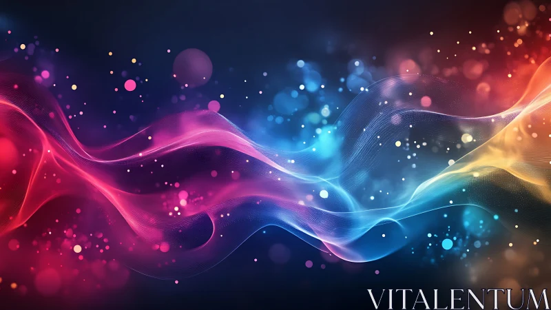 Colorful light waves flow through glowing particle field