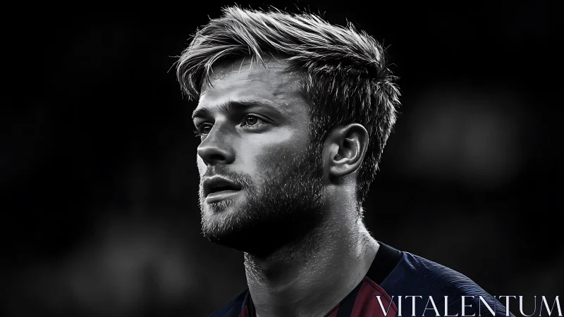 Focused male footballer portrait in dramatic lighting.