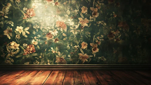 Vintage floral wall glows softly above worn wooden floor.