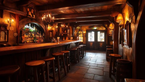 Rustic tavern interior with long wooden bar and warm light.