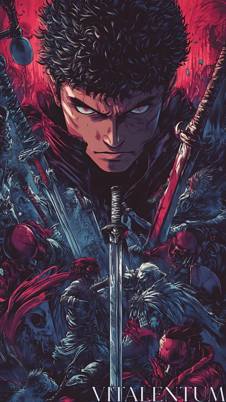 Brooding swordsman crowned in crimson warlight and fury.
