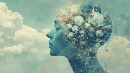 Surreal cyan portrait with skull-filled translucent mindscape.