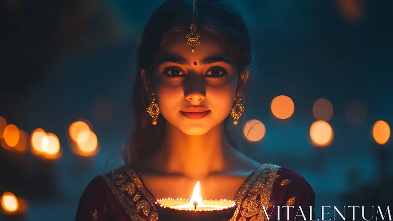 Young woman holding diya lamp during festival, soft warm lighting.