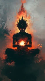 Fireborn guardian meditates with a glowing inner power.