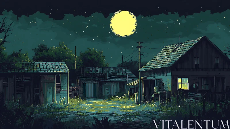 Moonlit village yard wrapped in quiet pixel night magic.
