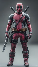 Red suited antihero stands ready with sly comic bravado.