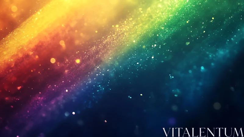 Vibrant rainbow light streaks with sparkling particles, digital art.