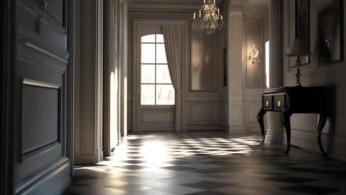 Sunlit neoclassical hallway captures quiet morning elegance