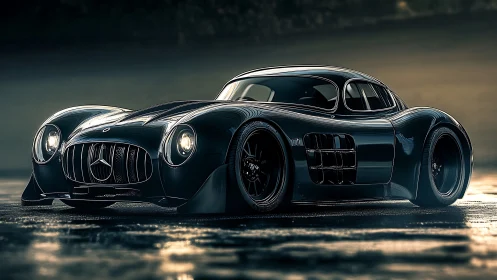 Streamlined dark coupe is rendered in cinematic side view