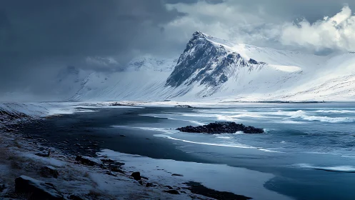 Snow-covered coastal mountain under overcast winter sky.