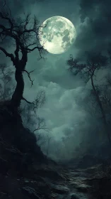 Full moon over haunted forest path under storm clouds.