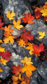 Autumn maple foliage distributed across textured basalt boulders.