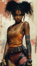 Digital portrait shows armed woman in tactical workwear