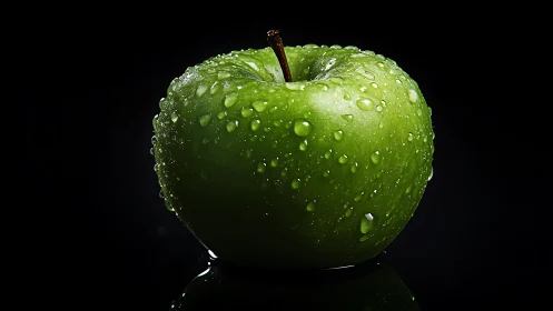 Midnight spotlight on a dewy emerald green apple.