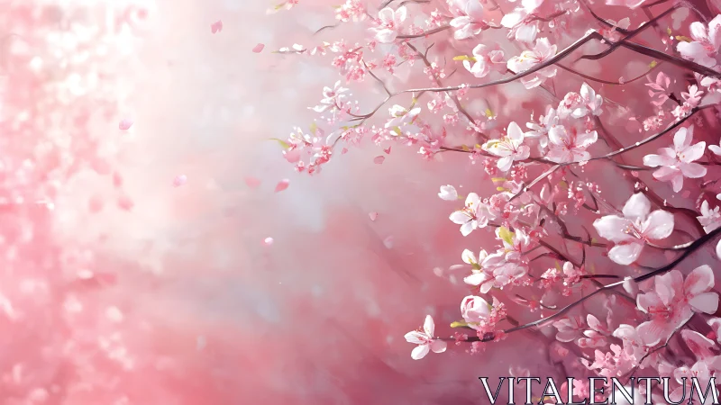 Cherry blossoms drift through pastel dreamscape. Ethereal petals dance.