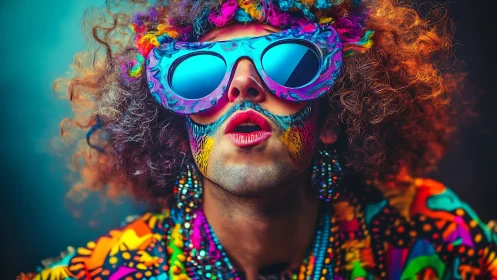 Colorful portrait shows person with neon glasses and face paint
