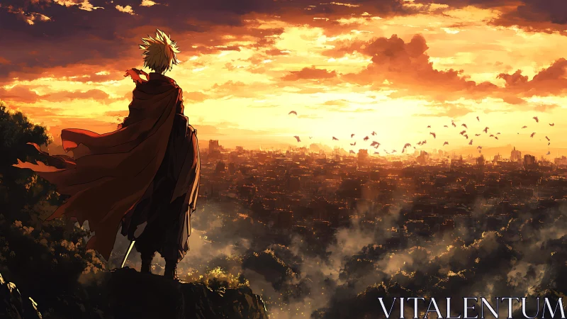 Cloaked figure watches burning orange city at sunset