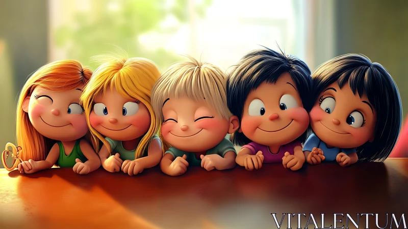 Five cheerful friends smiling together in warm sunlit room.