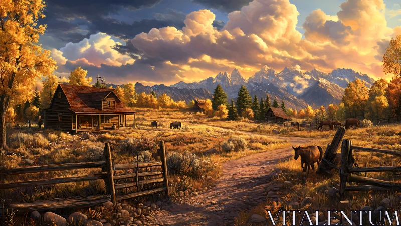 Golden mountain farm glows in gentle late autumn sunlight