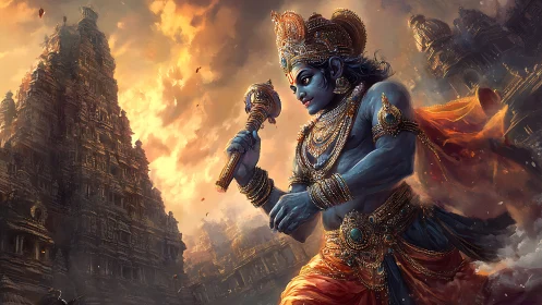 Mythic blue warrior strides past blazing temple spires.