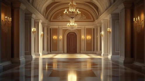 Grand neoclassical hall with chandeliers and warm light.