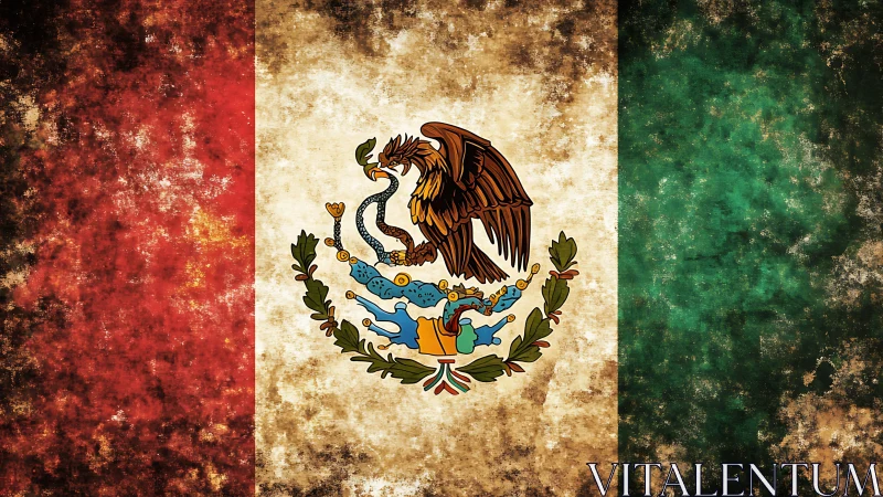 Mexican flag with central coat of arms in grunge texture.