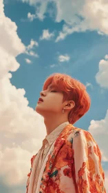 Side-profile portrait of red-haired figure against cloudy sky