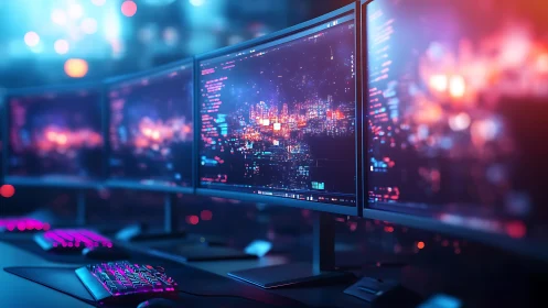 Glowing triple monitors bring a cozy sci fi coding desk to life.