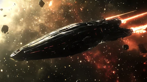 Sleek warship blazing through asteroid-streaked nebula field.