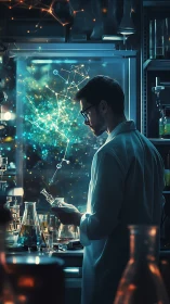 Futuristic lab scientist studying glowing molecular network.