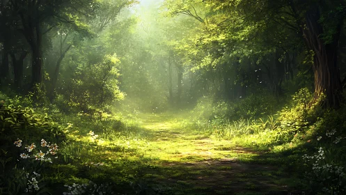 Sunlit Forest Path Through Dense Canopy.