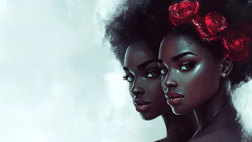 Twin portraits in luminous afro profile with red roses.