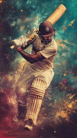 Cricket batter in dynamic swing amid abstract colors.
